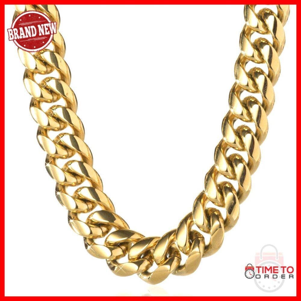 Stainless Steel Cuban Link Chain Necklace 10mm Gold Plated 20 Inch
